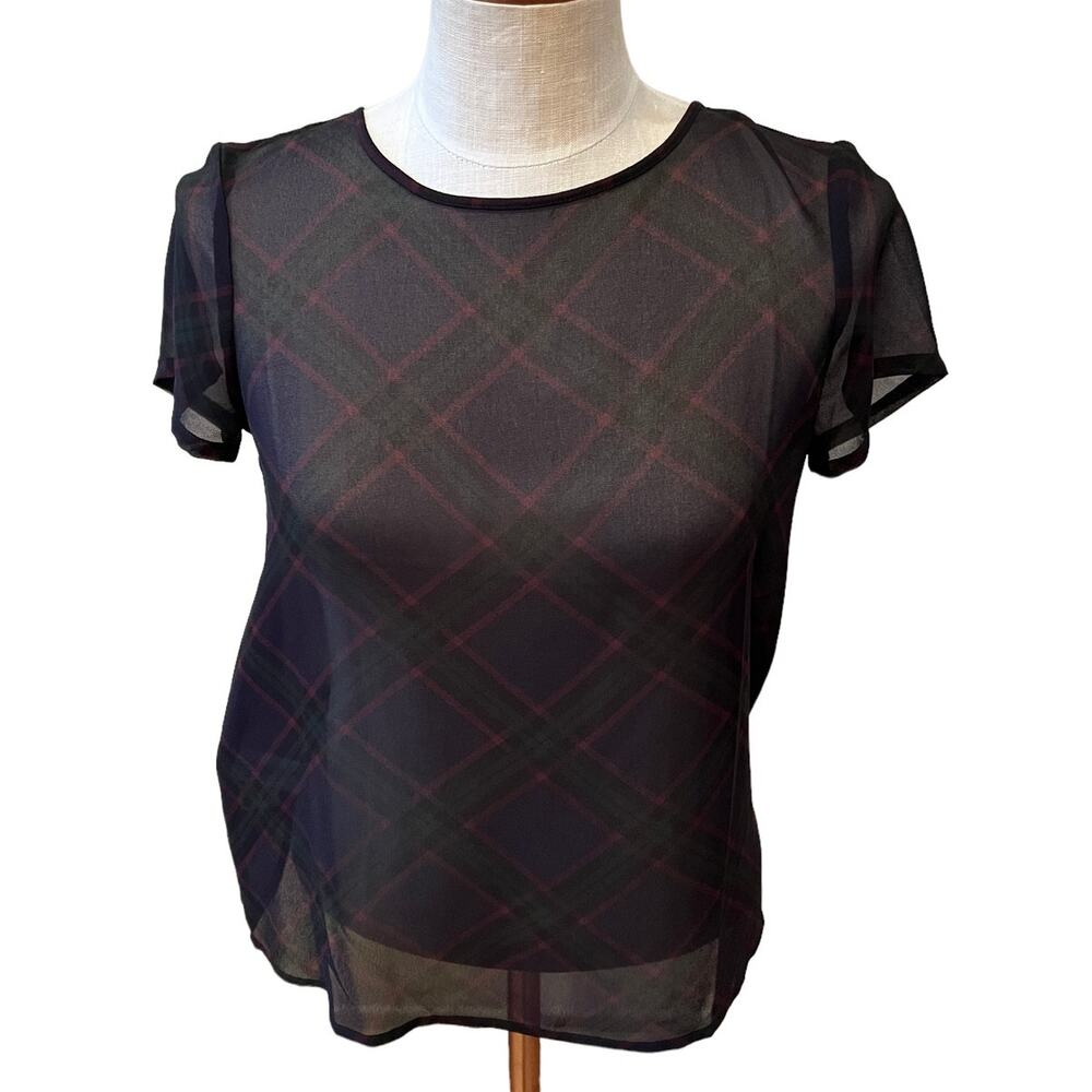 LOFT Short Sleeve Chiffon Top Navy Blue Tartan Print S